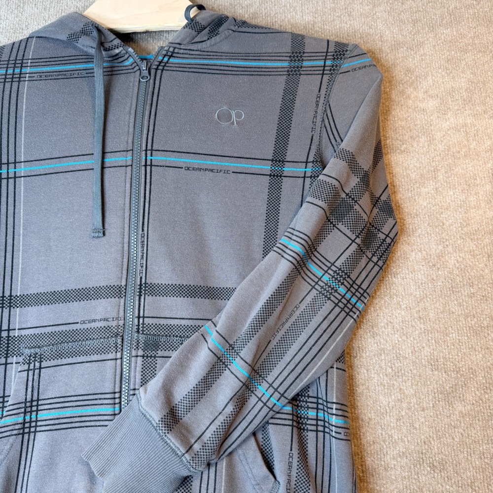 Vintage Ocean Pacific Grey Plaid Full Zip Hoodie Sweatshirt Medium OP Turquoise